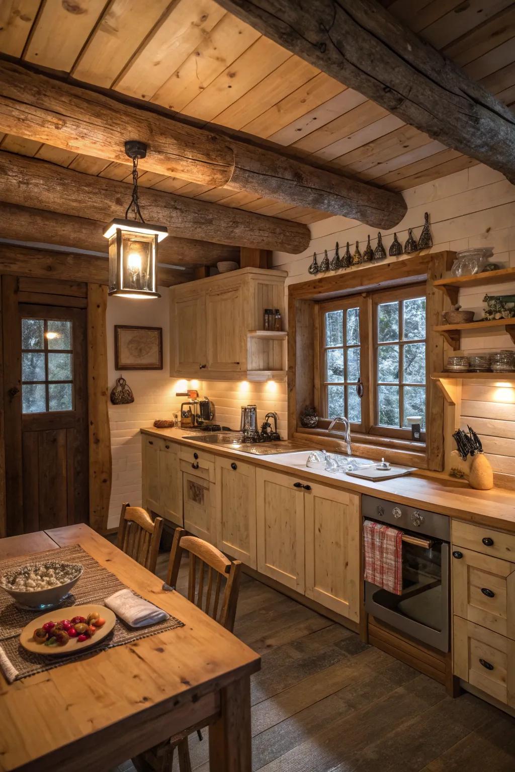 Unprocessed wood hues foster a welcoming and snug log cabin kitchen atmosphere.