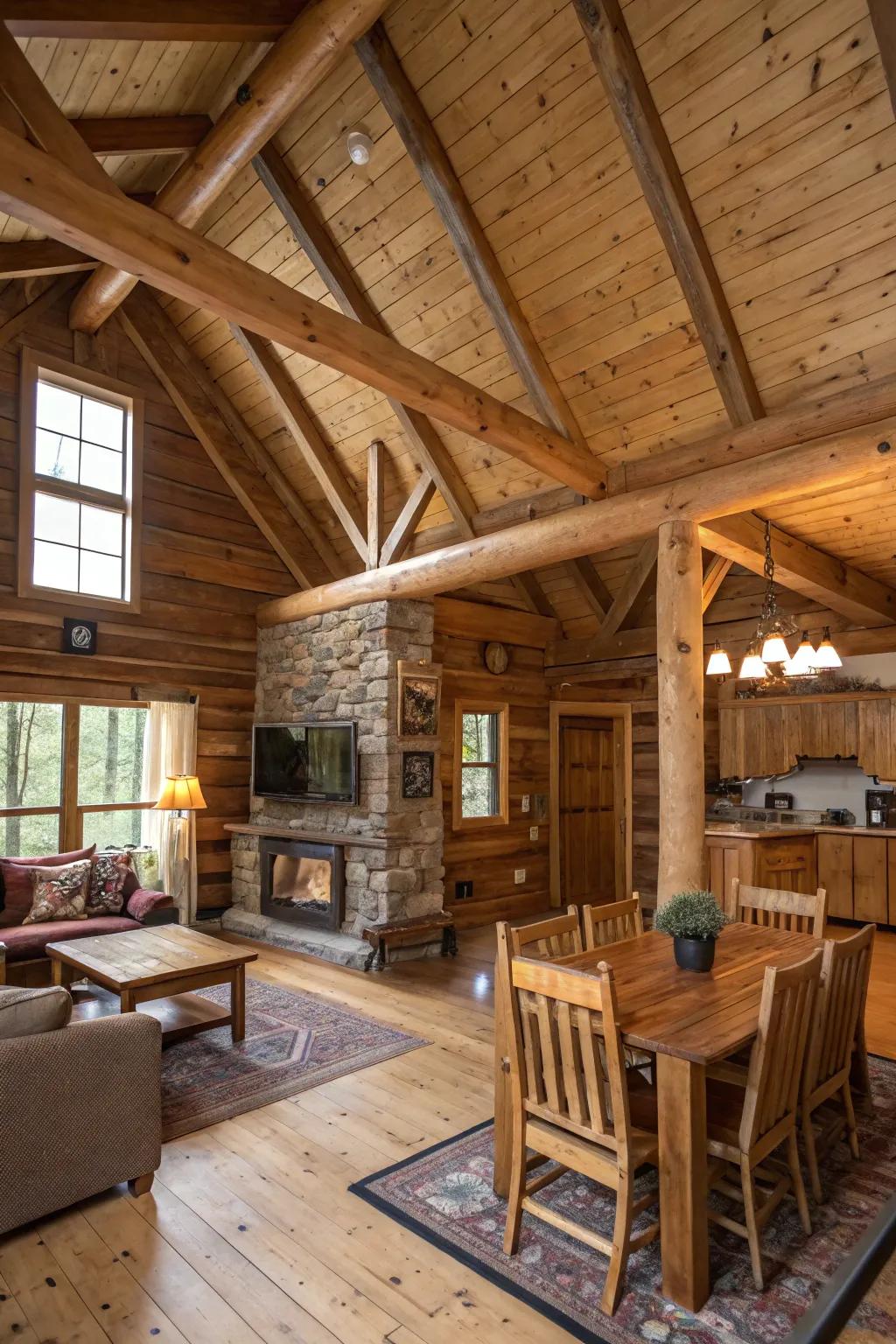 A classic cabin family room showcasing exquisite visible wood elements.