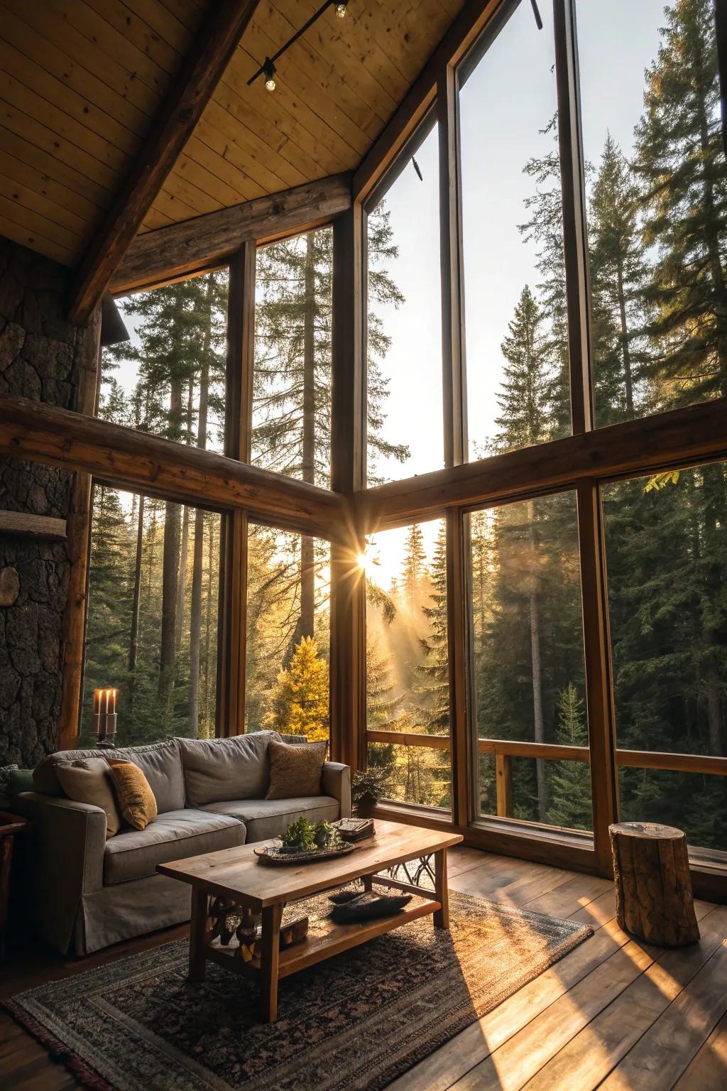 The interior of a cabin is illuminated by broad windows, showcasing the beauty of nature.