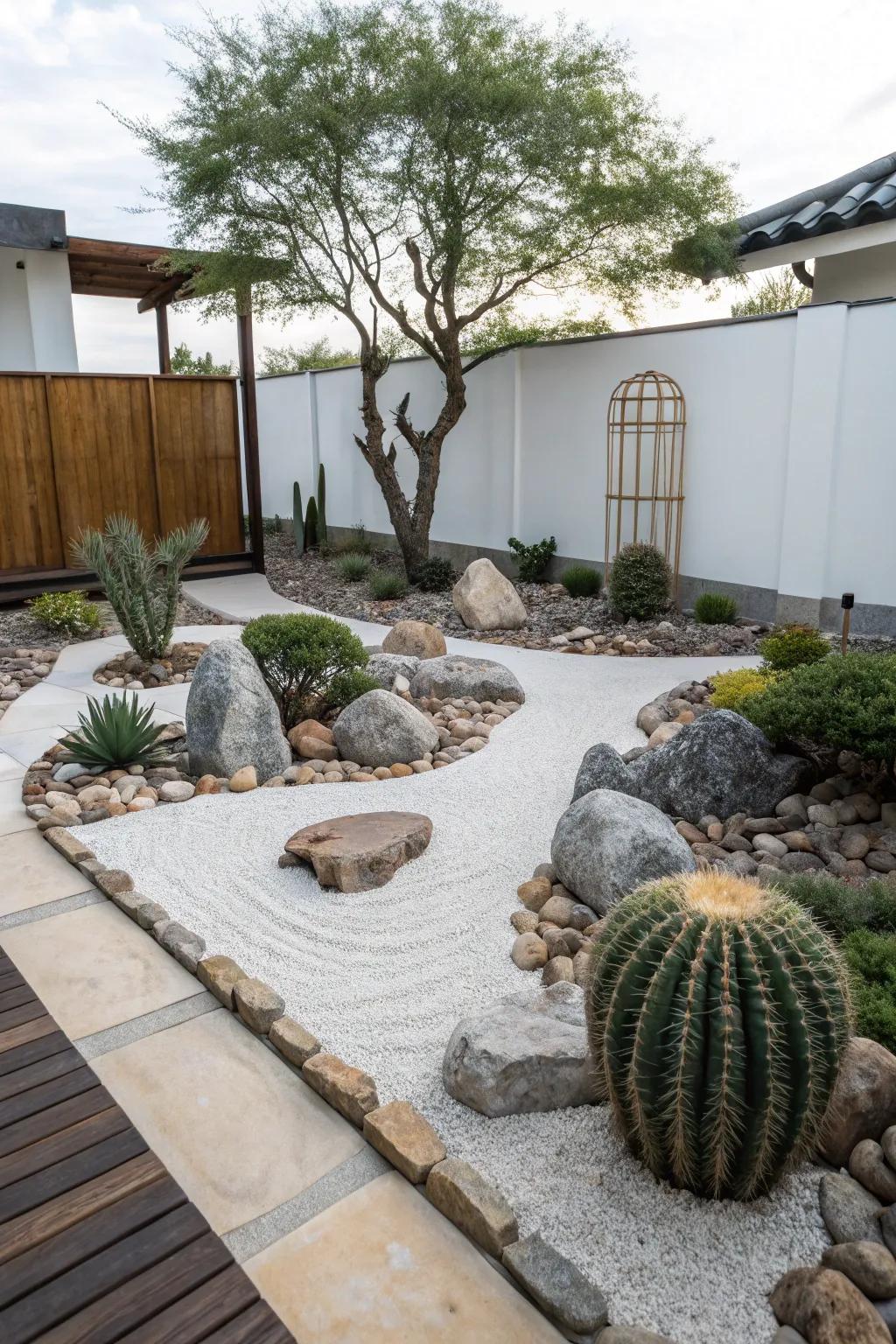 A Zen-influenced cactus landscape with stones creating a serene atmosphere.