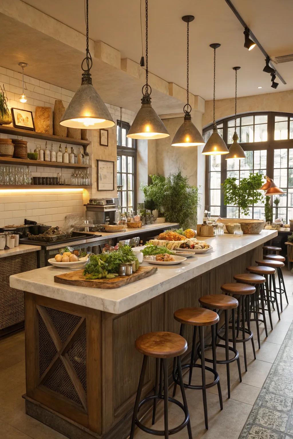 A cafe-inspired kitchen featuring an inviting central island, ideal for friendly gatherings.