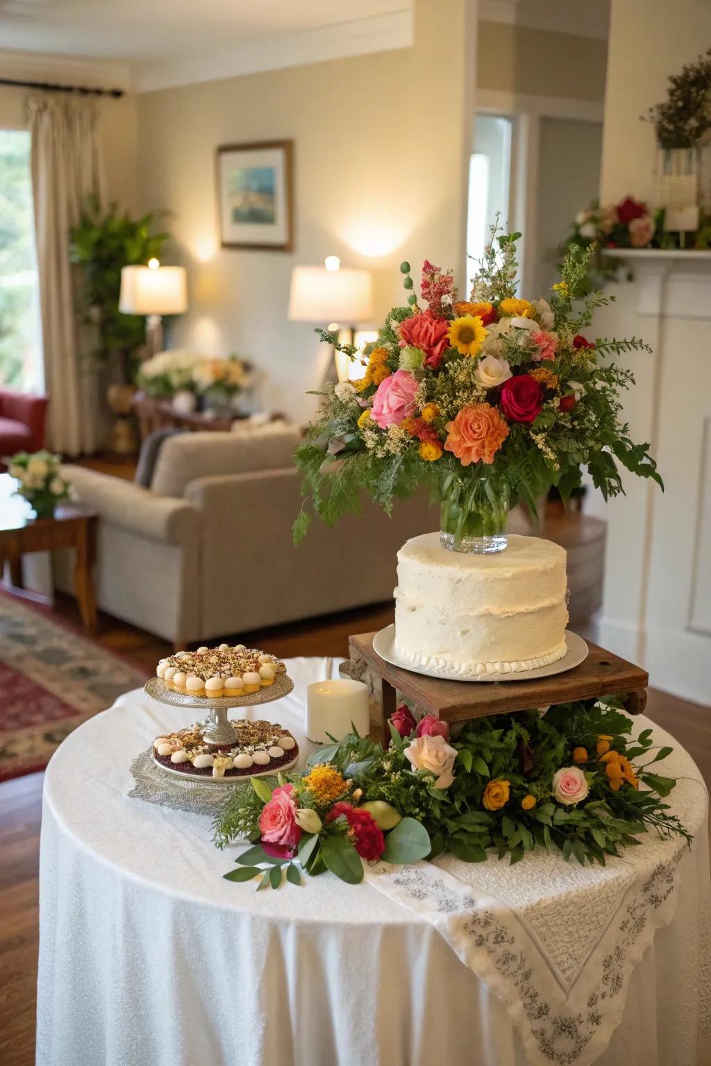 A dessert display superbly adorned with opulent floral arrangements, introducing refinement and vibrant hues.