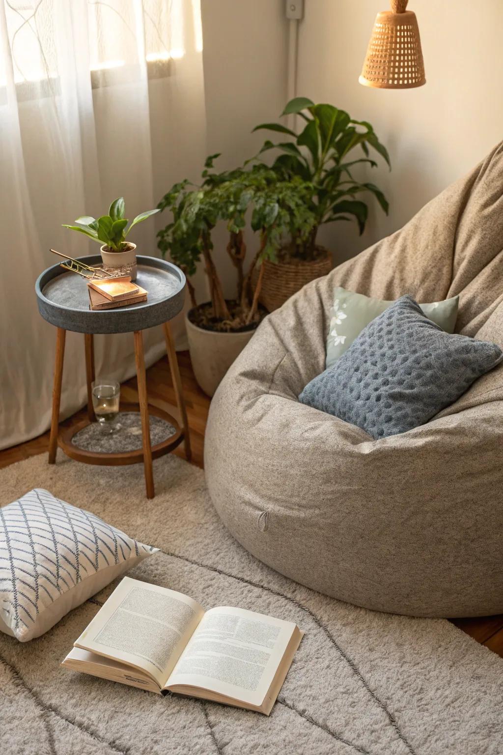 Relax fully with a comfortable bean bag in your tranquil corner.