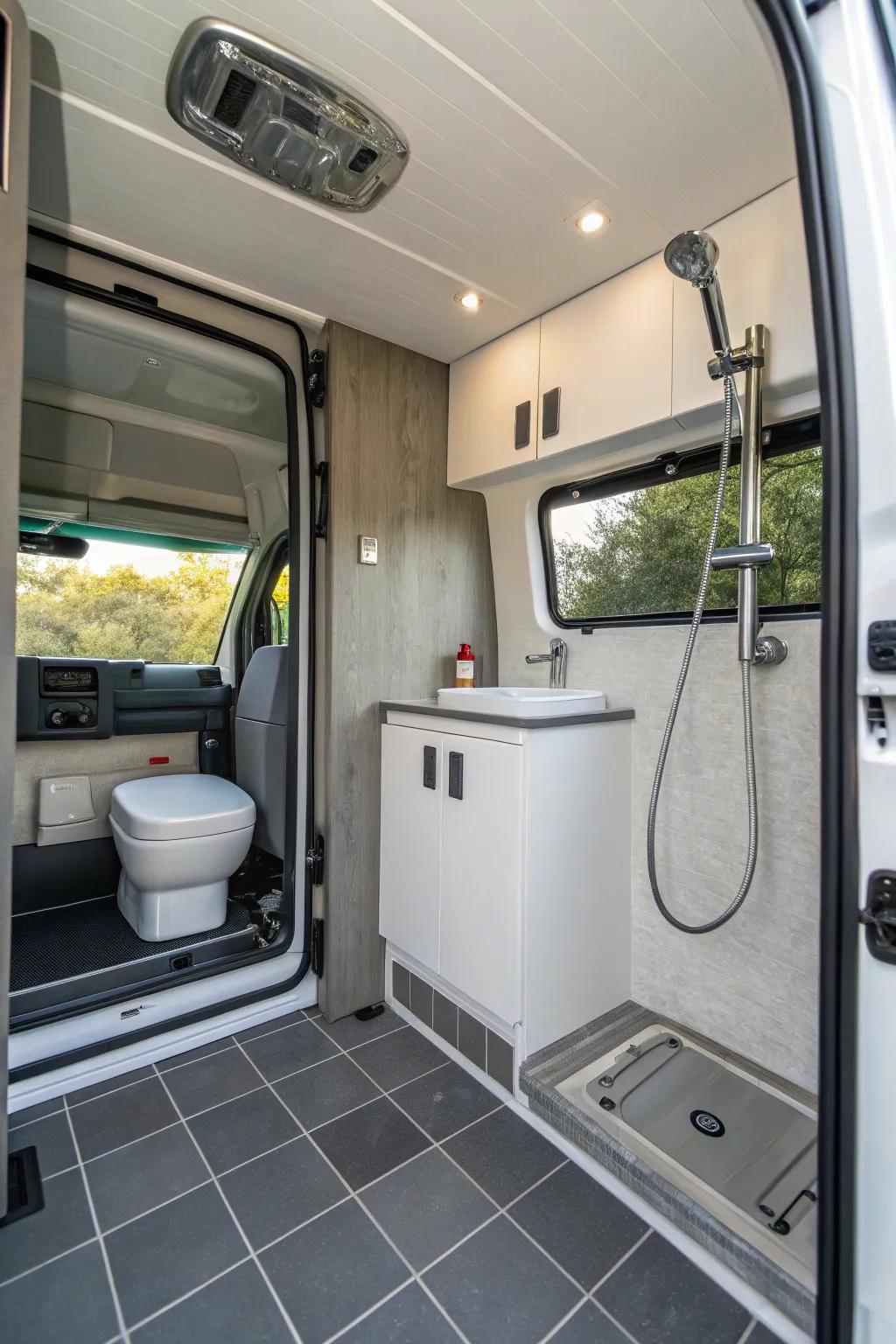 A modern camper van wet room featuring streamlined fixtures and a design that maximizes space.