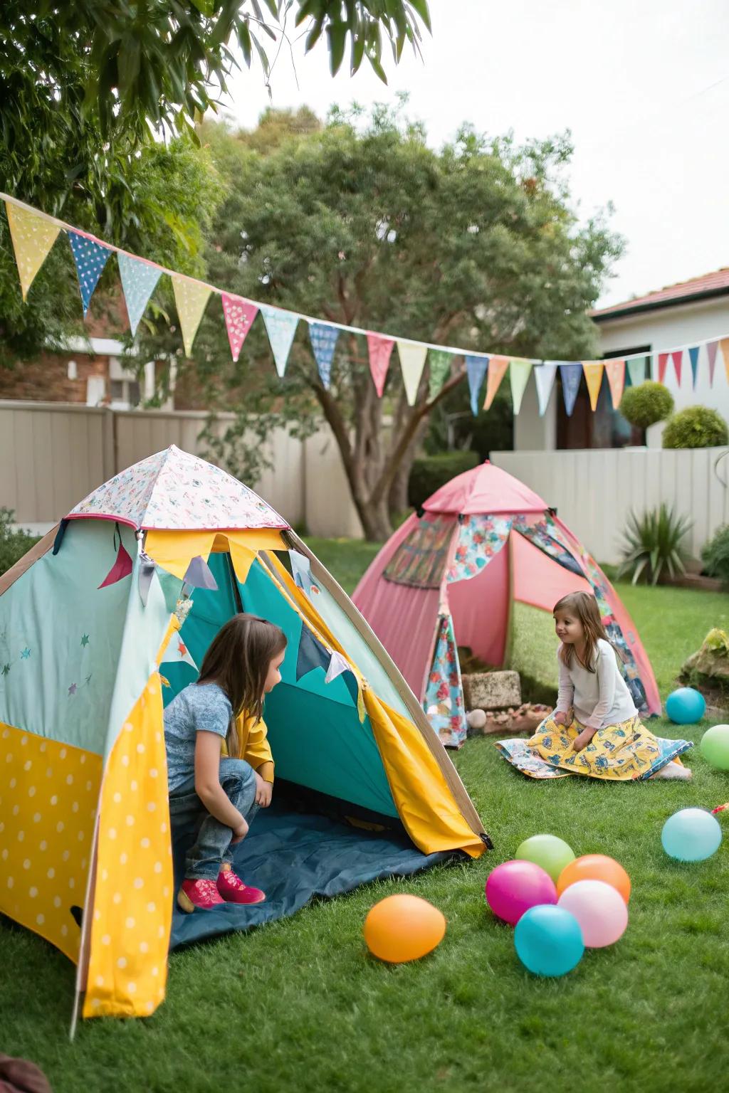 Scaled tents enhancing the charm and thrill of the camping birthday celebration.