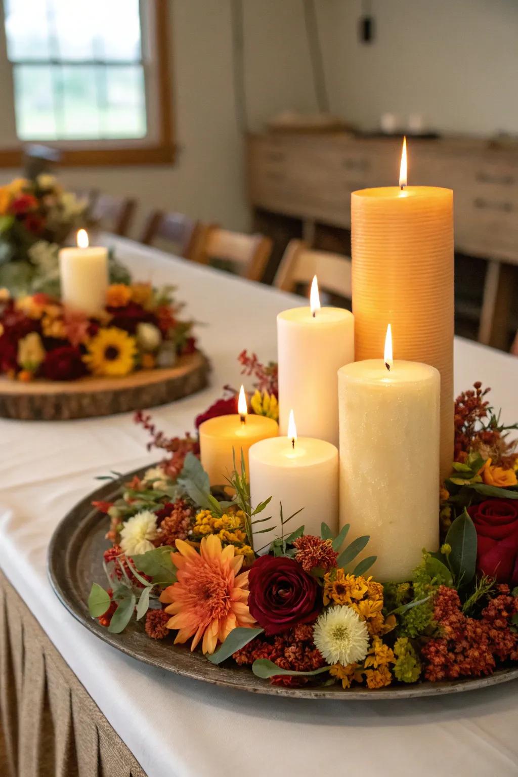 A graduated array of cylindrical candles accented by seasonal blossoms.
