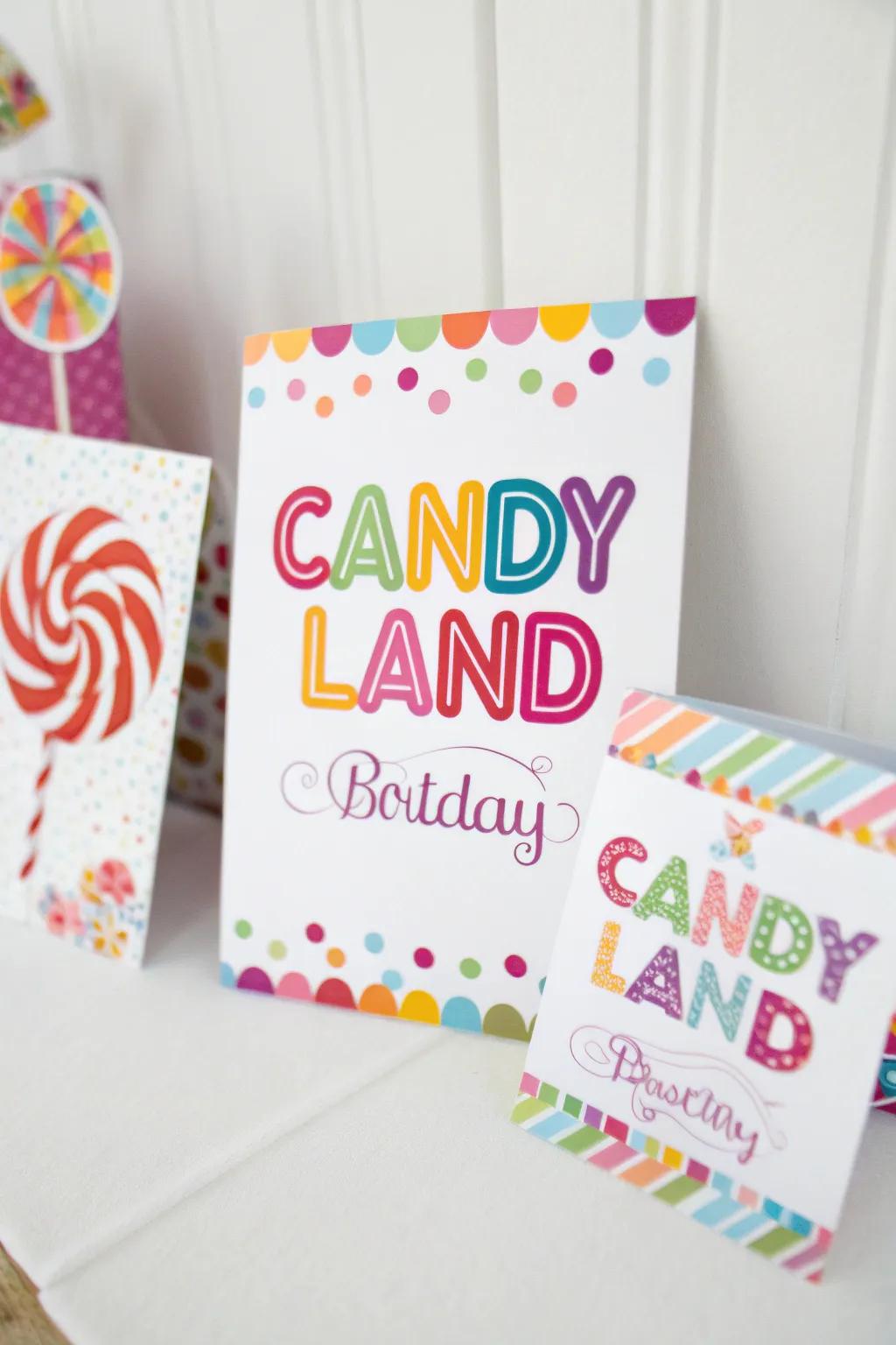 Confectionery-inspired invitations establish the ambiance for a sweet festivity