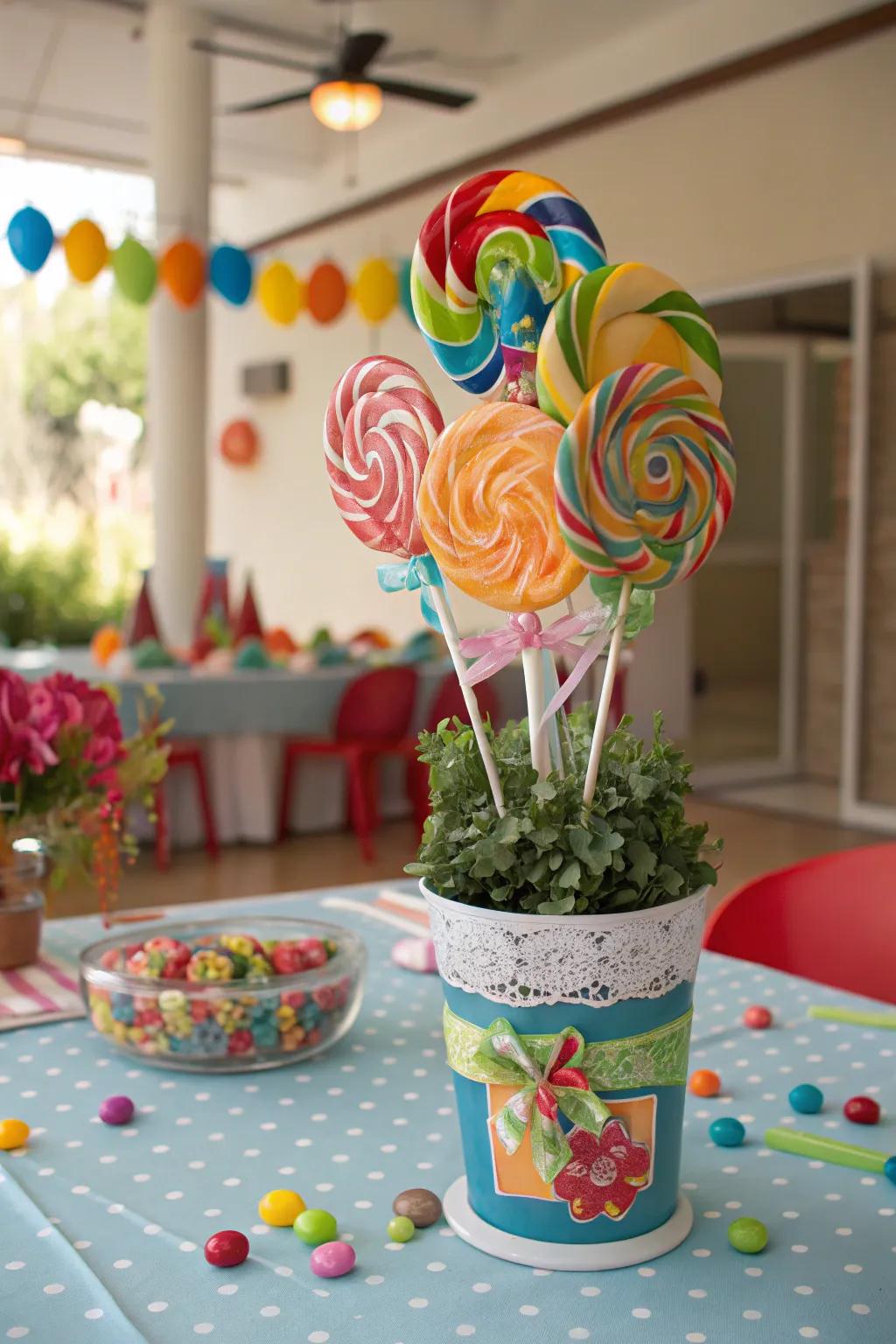Giant lollipops in a decorative pot create a captivating centerpiece.