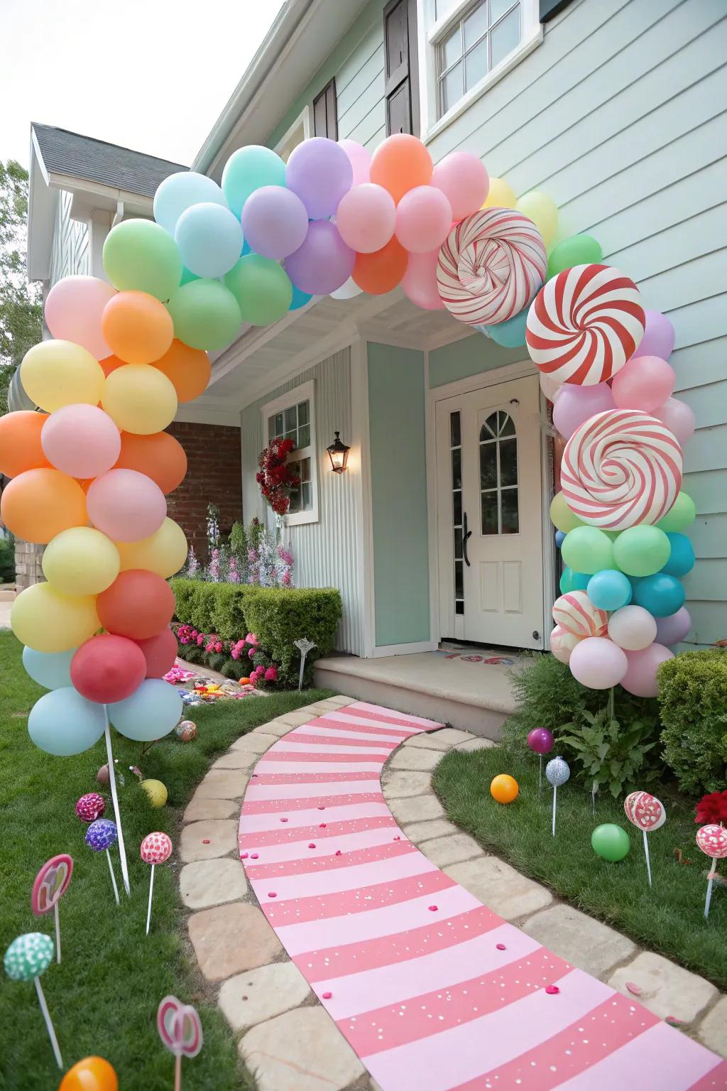 A spirited, candy-colored balloon arch graciously receives guests with a sugary touch.