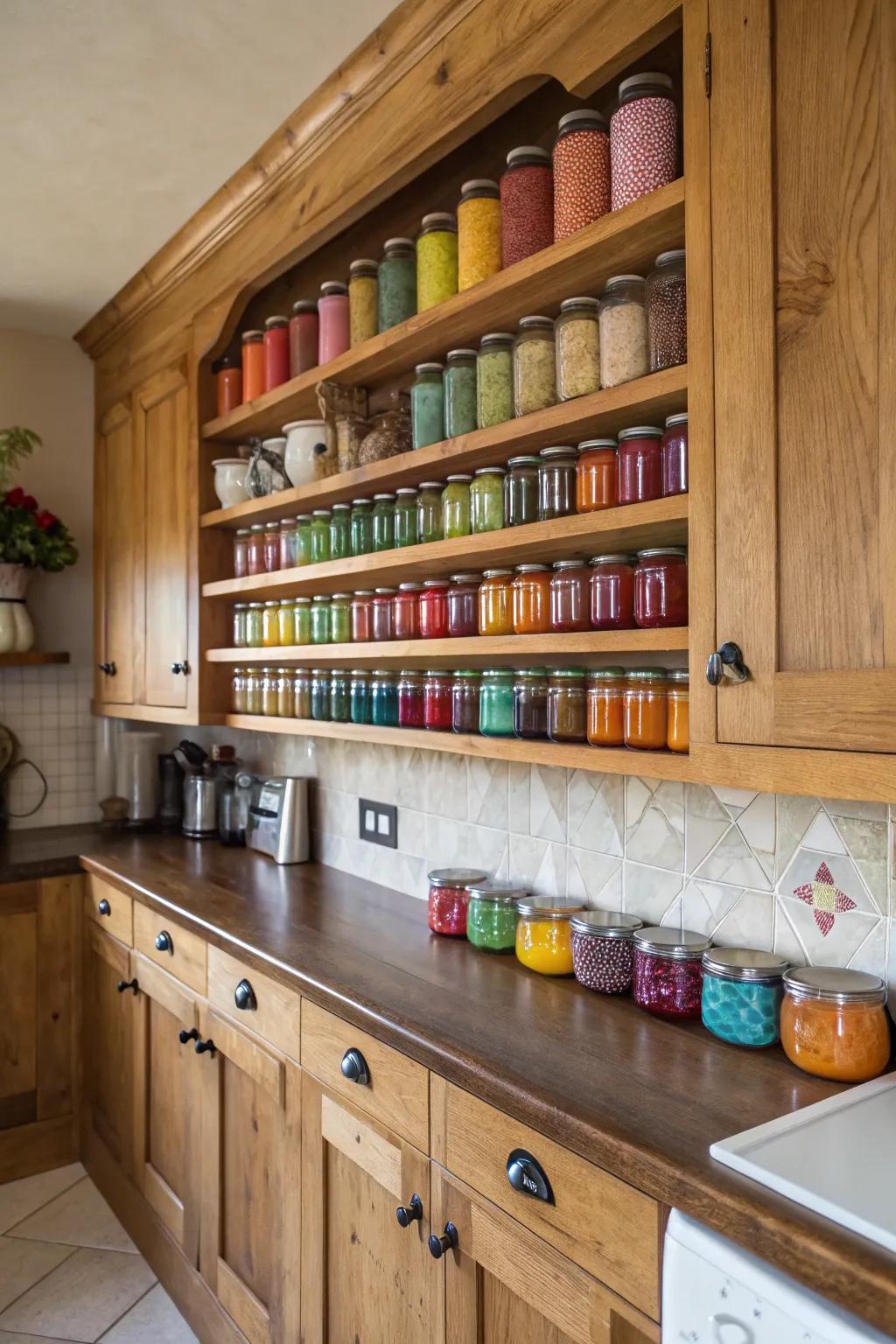 Add a rustic elegance with wooden shelving systems for your canning jars.