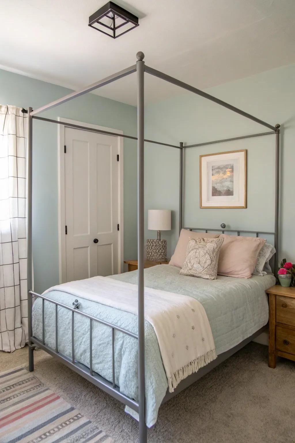 A subdued metal four-poster structure introduces elegance devoid of bulk.