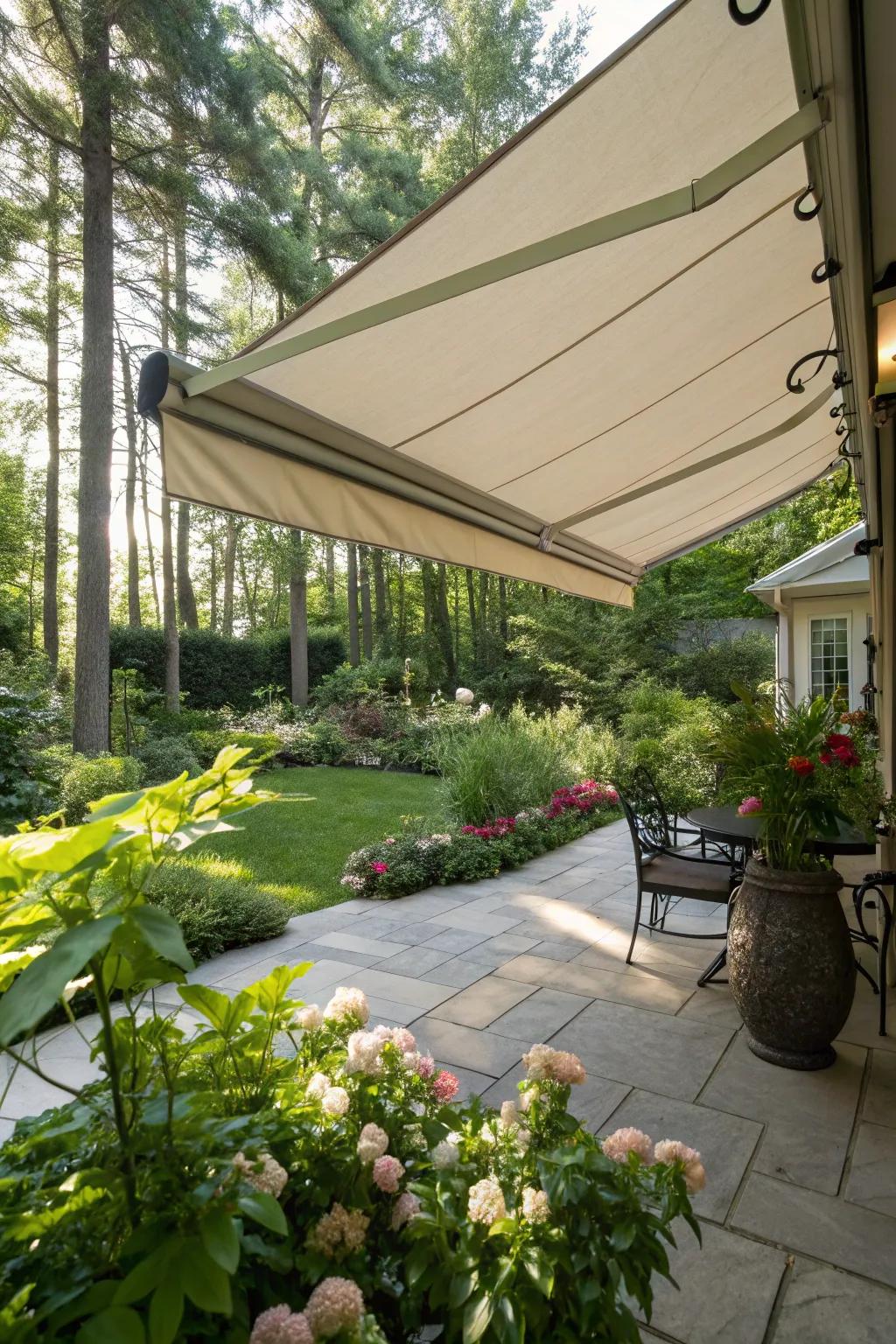 Retractable canvas canopies provide adjustable shade during sunny times.