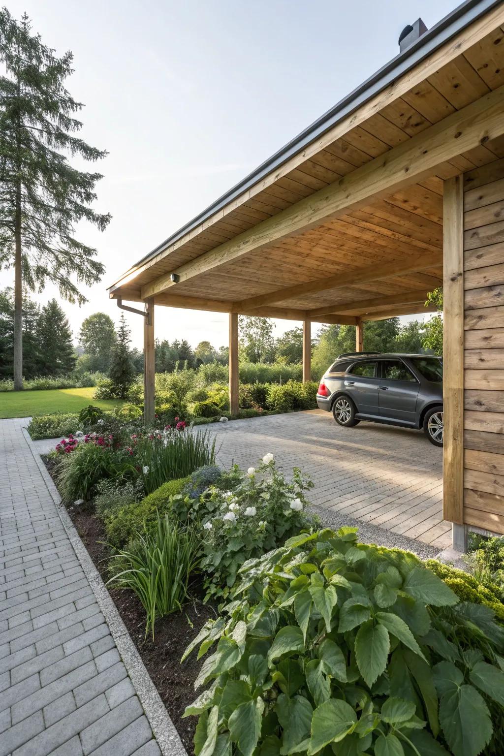 A timber carport showcasing exquisite grain details, introducing warmth and sophistication to the residence.