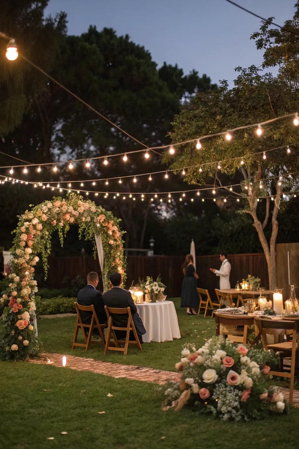 Glistening string lights craft a magical atmosphere for a backyard wedding.