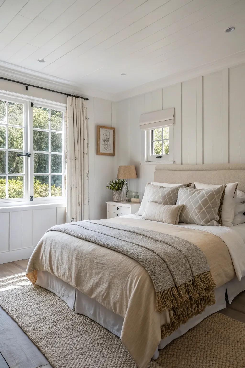 Neutral colors set a peaceful mood in the bedroom.