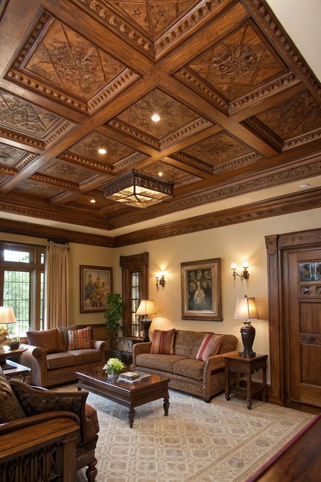 A living space showcasing a beautifully patterned coffered ceiling.
