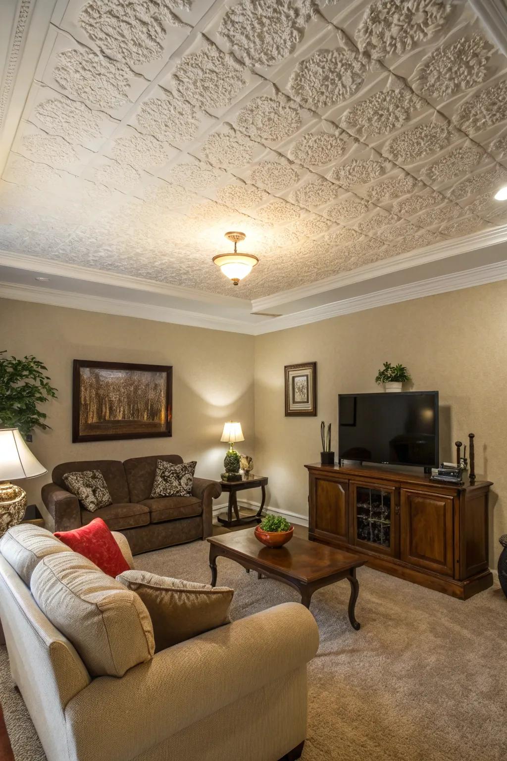 Relish in the inviting and reminiscent sensation evoked by a timeless popcorn ceiling.