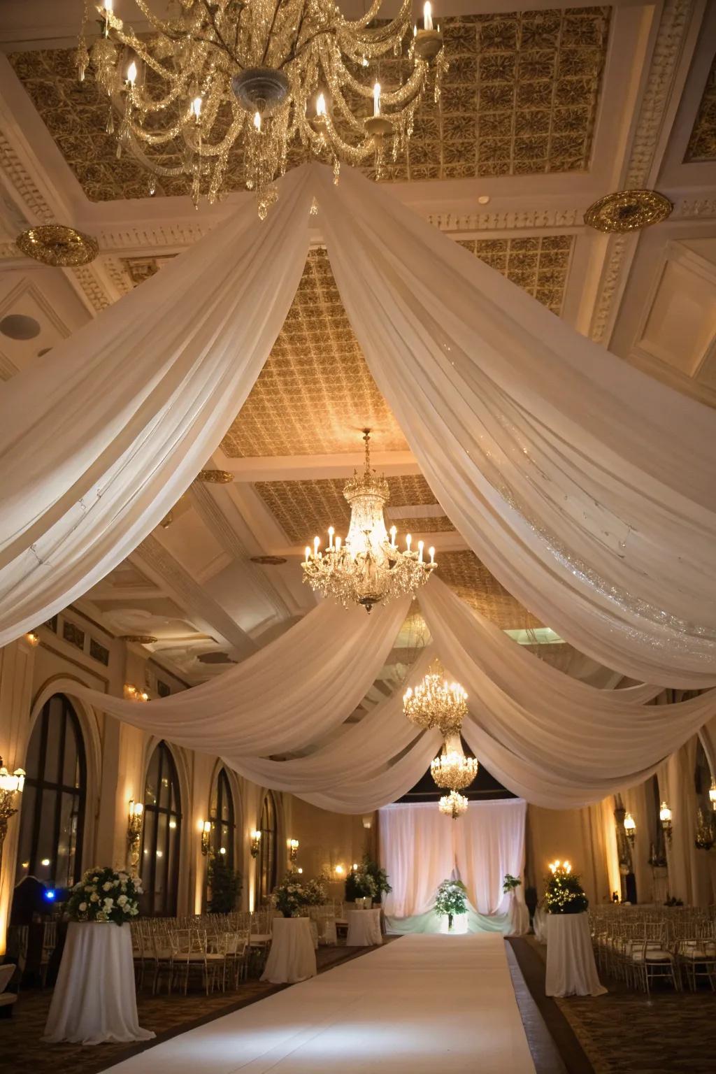 Fabric canopies establish a serene, romantic atmosphere.