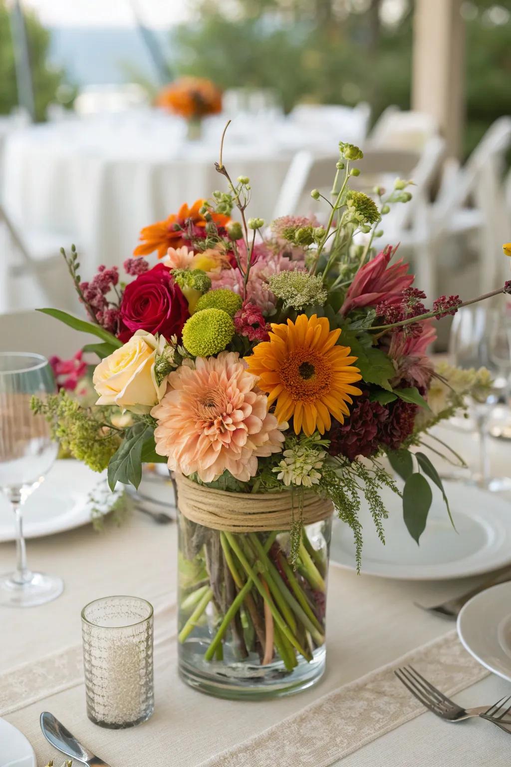 A vibrant arrangement of seasonal flowers enlivens any table setting.