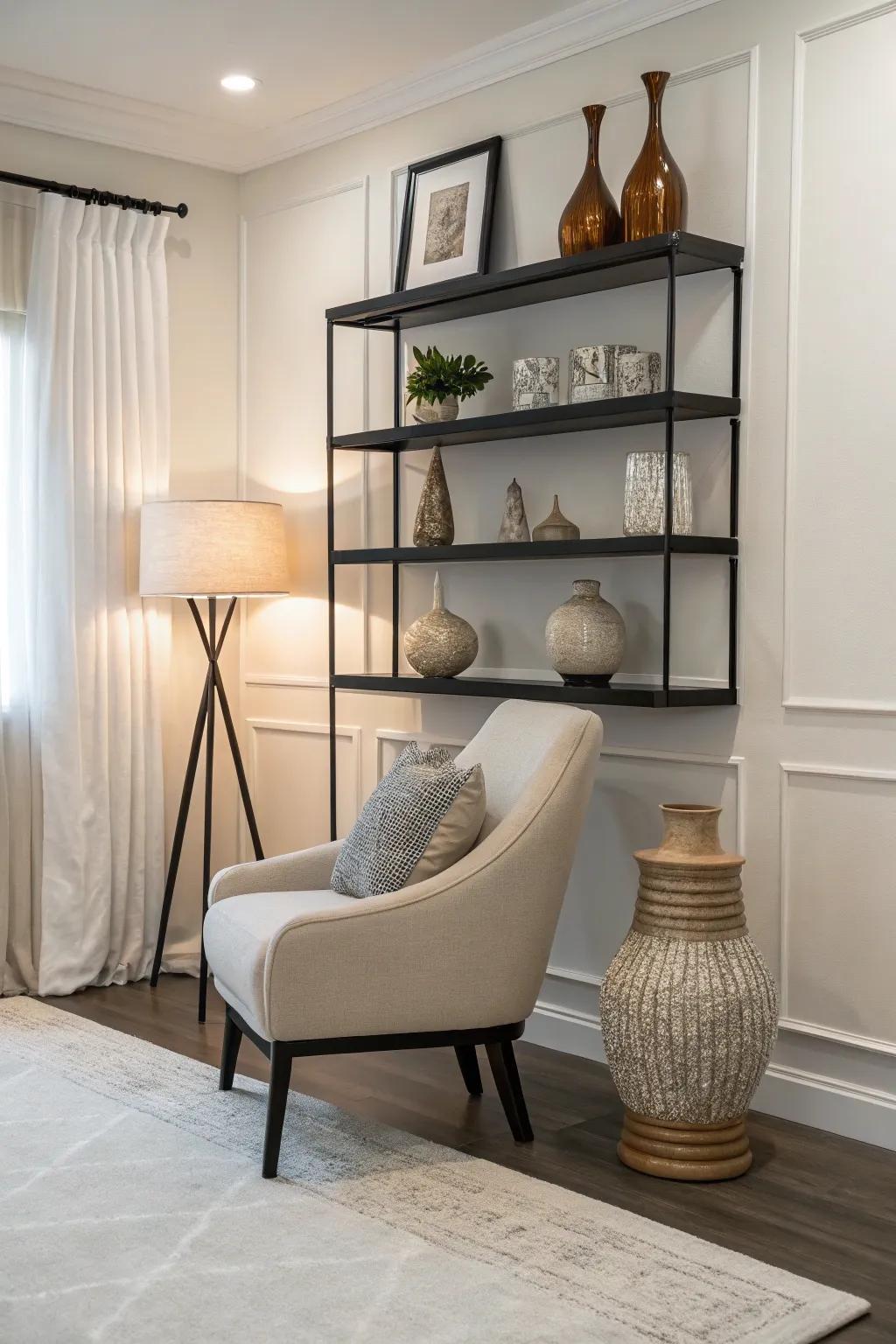 Exemplifying minimalist elegance with a streamlined chair rail shelf display.