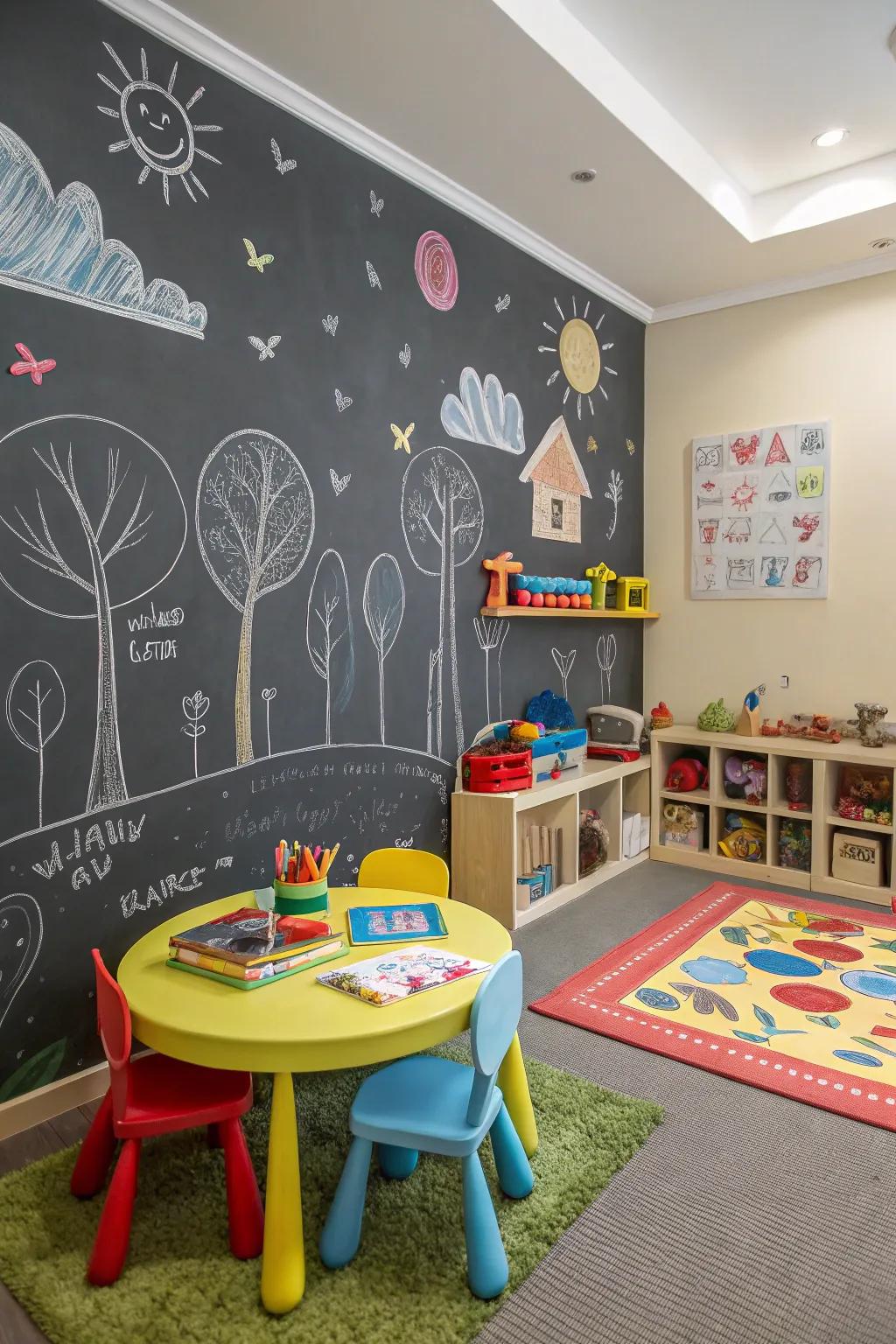 A full-wall slateboard encouraging endless creative expression.