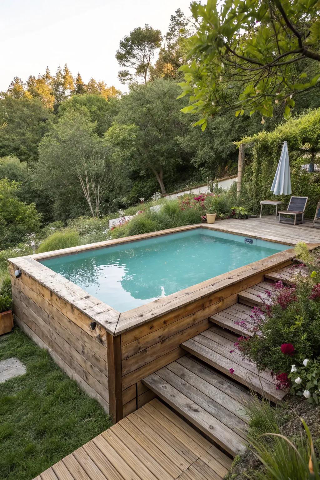 A charming wooden deck provides both style and utility to your poolside area.