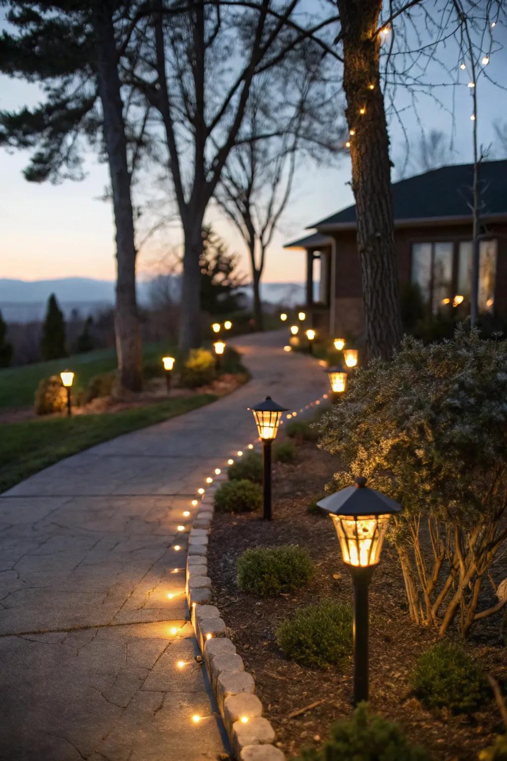 Solar lights can transform your driveway into a charming approach.