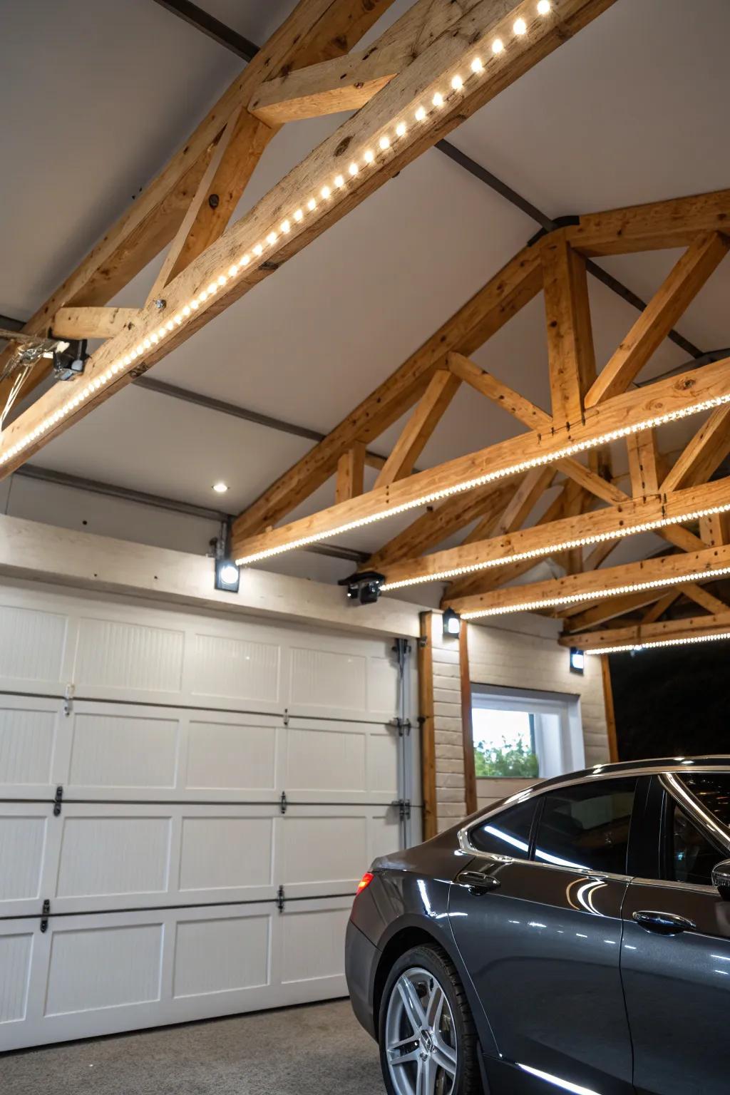 Illuminate your garage with both flair and functionality via LED strip lights mounted on trusses.