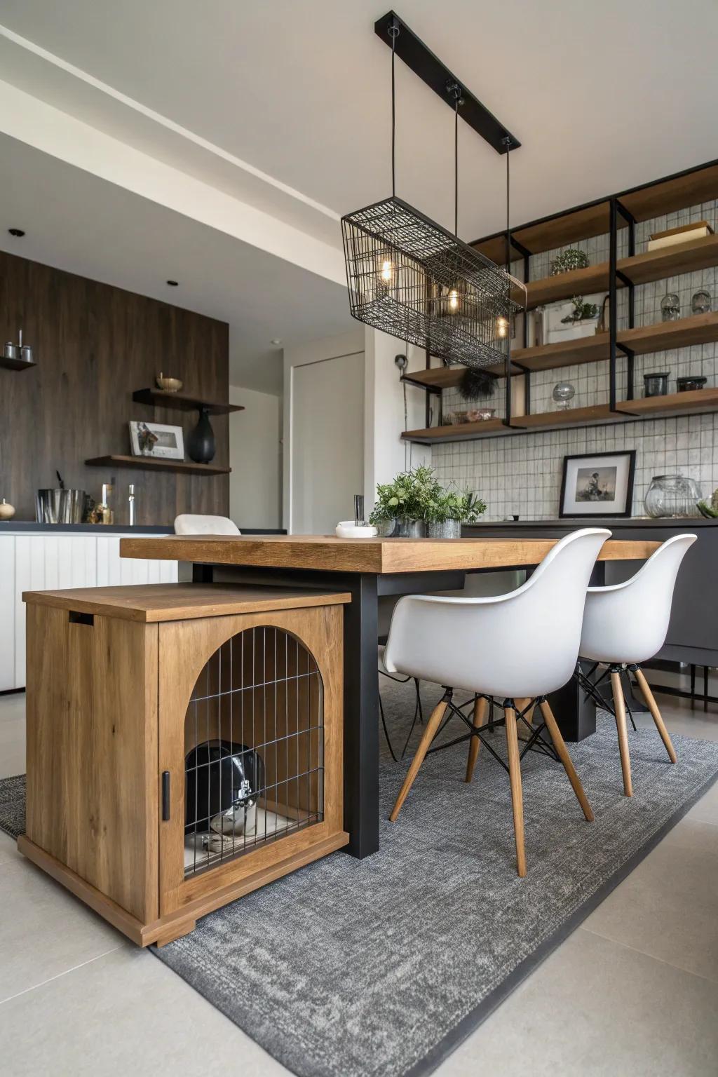 Utilize under-table space for your dog's cozy corner.