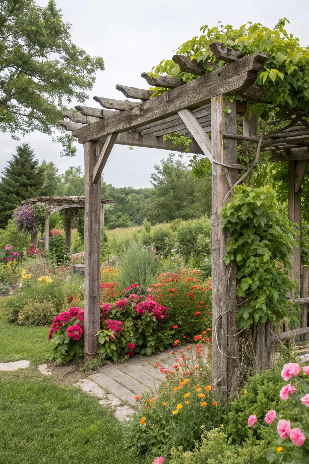 A rustic pergola constructed from recycled lumber enhances any garden's allure.