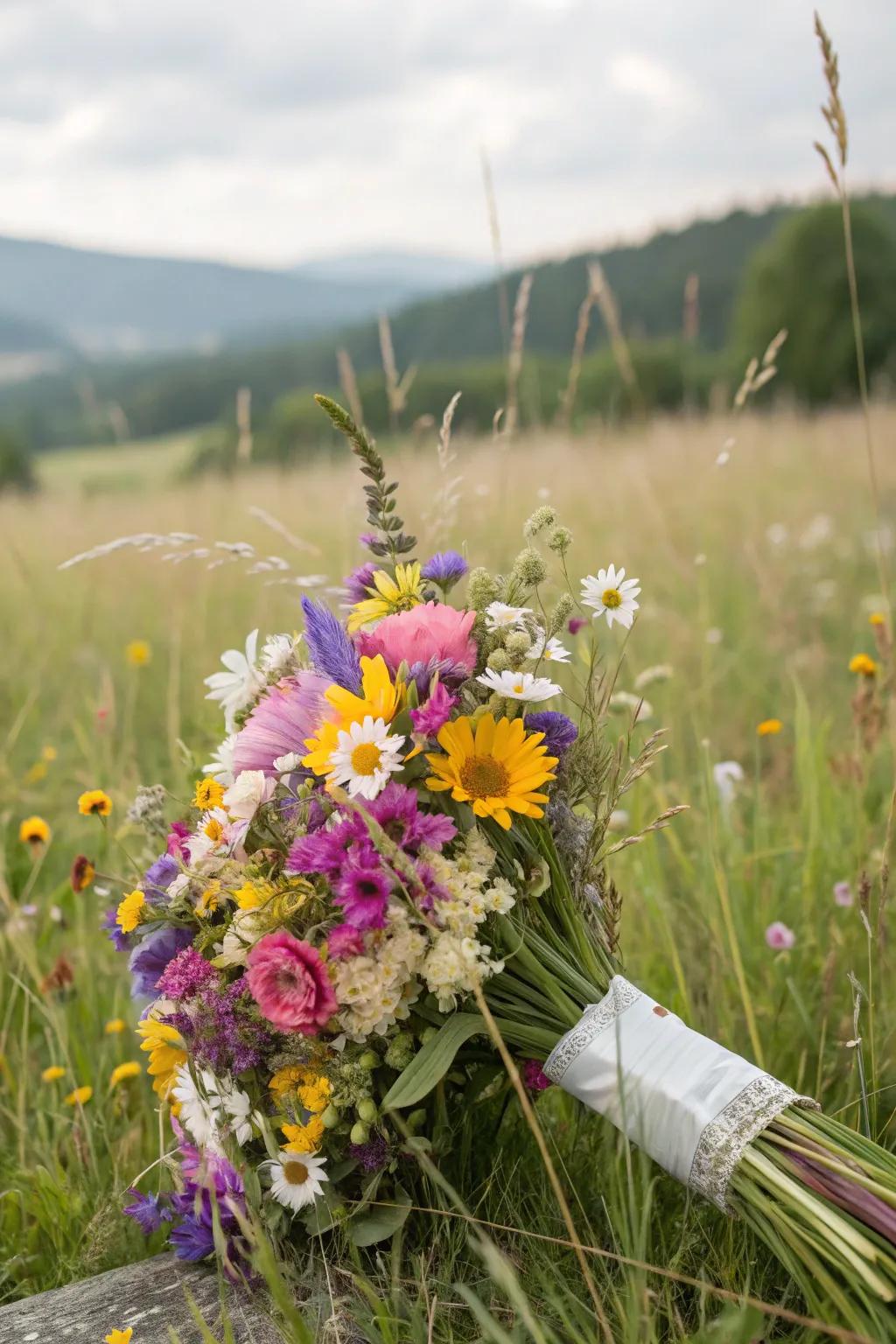 An energetic assembly of meadow blooms, perfect for a wedding that respects your budget.