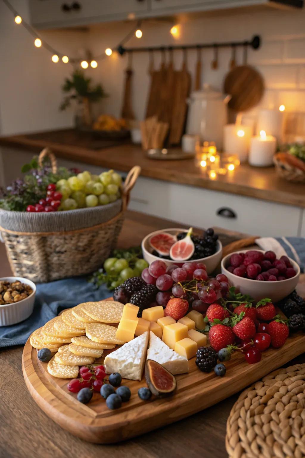 A cheese board beautifully enhanced with colorful fruits.