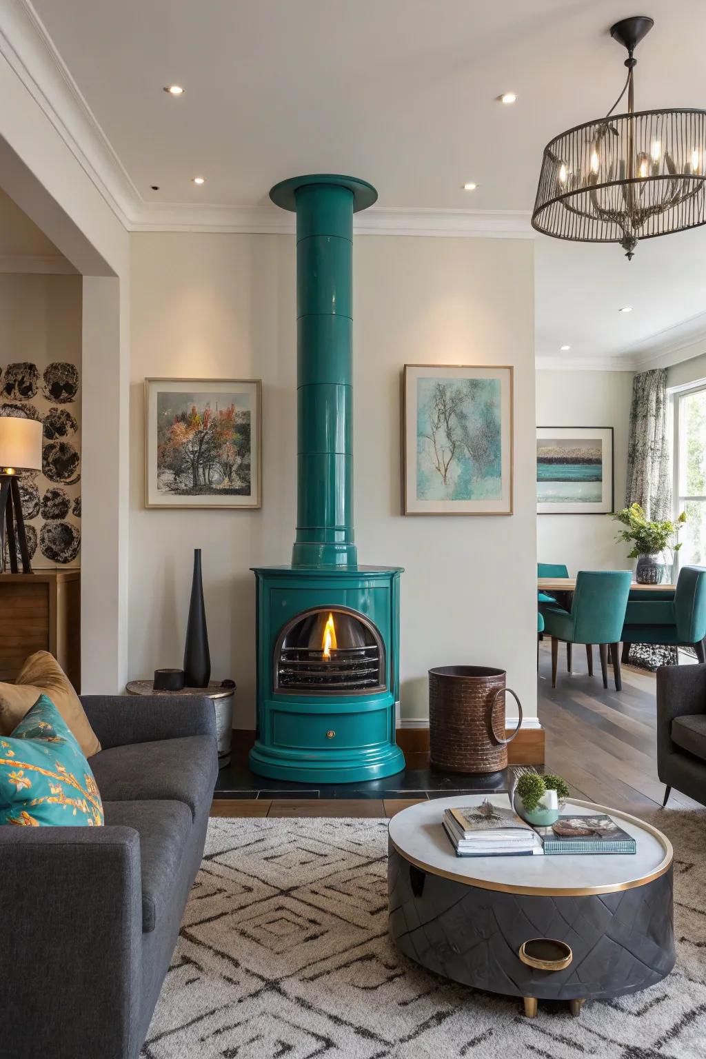 A striking aqua chimney crafts an attention-grabbing focal element within this modern setting.