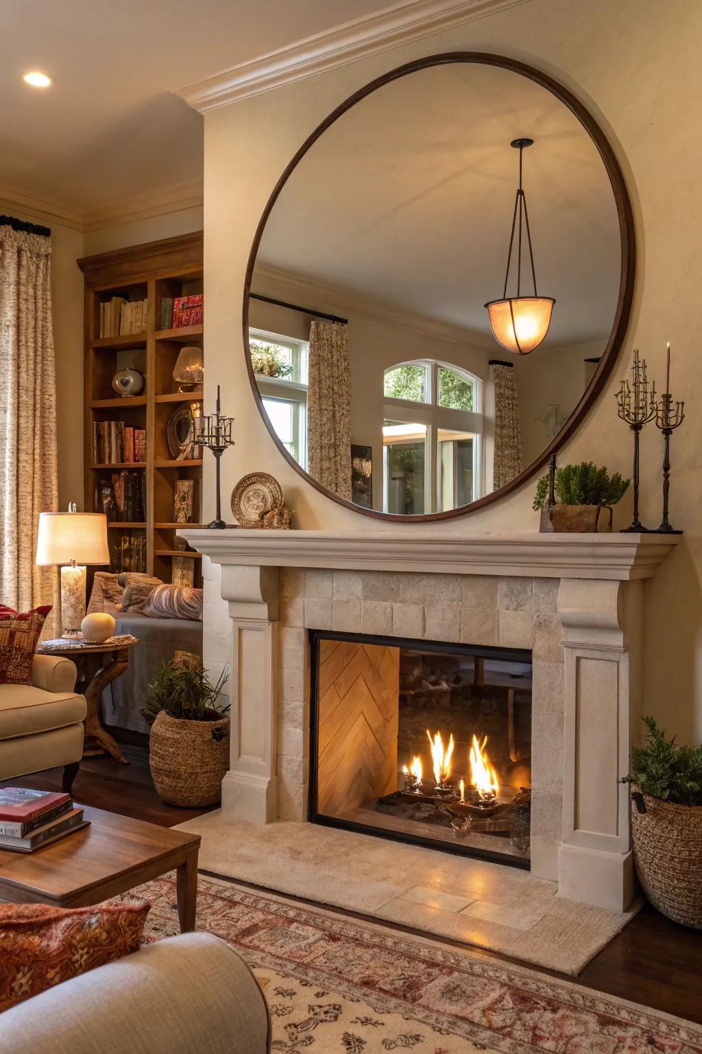 Positioning a round mirror above the fireplace enhances the area and bestows a sophisticated impression.