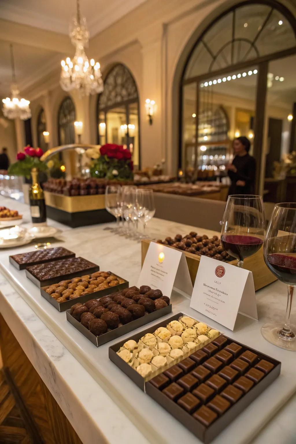 An elegant chocolate tasting station featuring a global assortment of flavors.