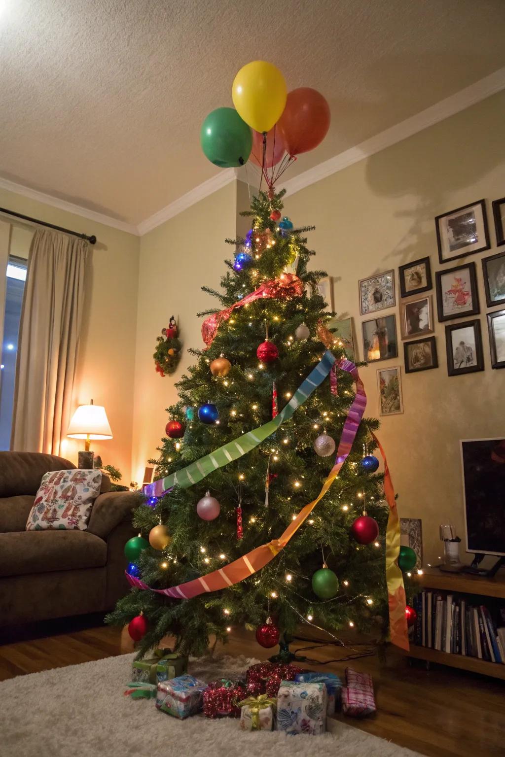 A Christmas tree converted into a festive birthday centerpiece.