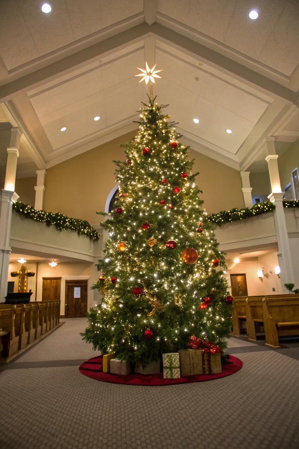 A breathtaking Christmas tree warmly welcomes all who enter the church.