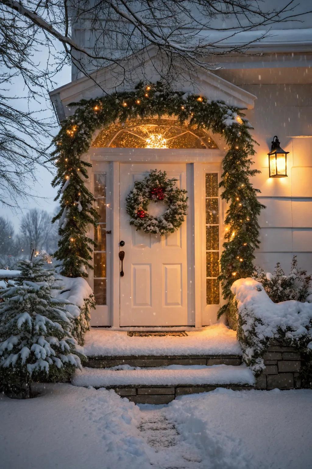 A welcoming entryway graced with a festive wreath and garland.