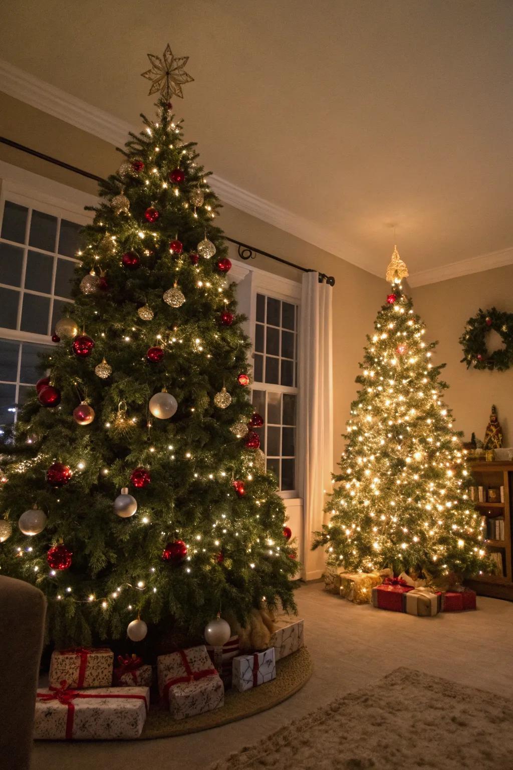 Paired Christmas trees impart a distinctive seasonal charm to your family room.