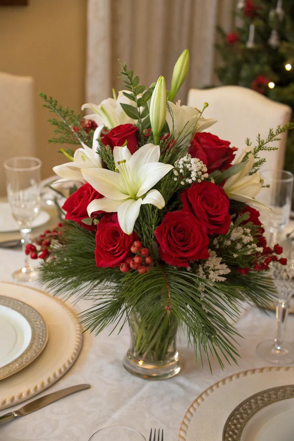 Classic red and white arrangement for a traditional holiday vibe.