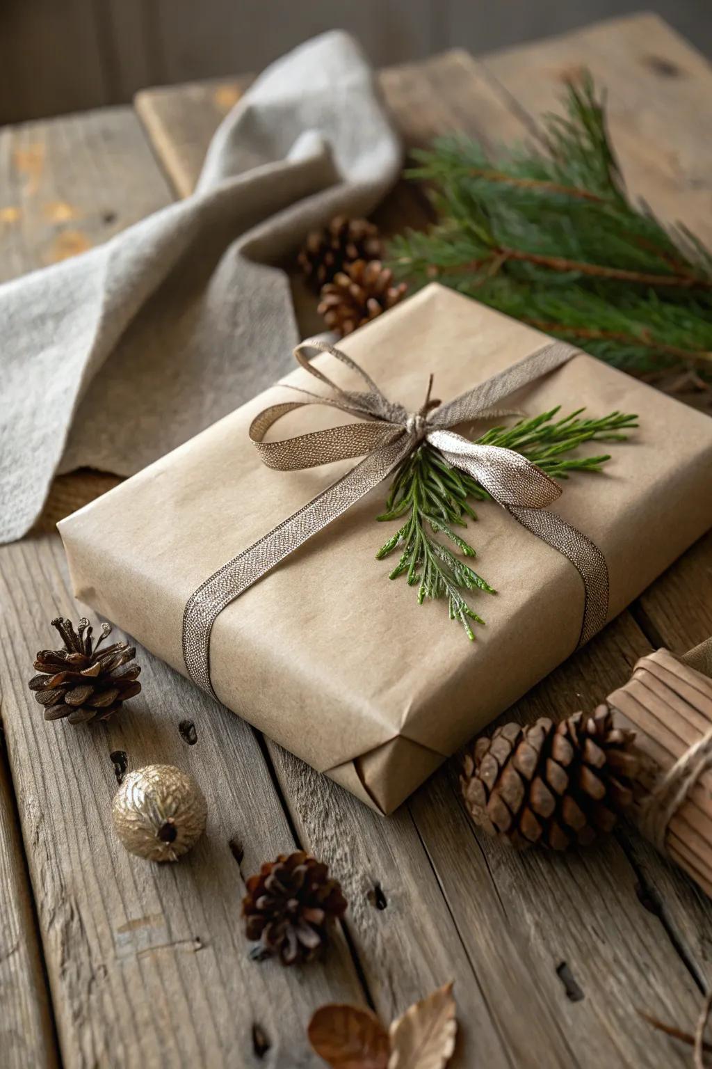 Elegant gift displayed with brown paper, a silk band, and an evergreen flourish.