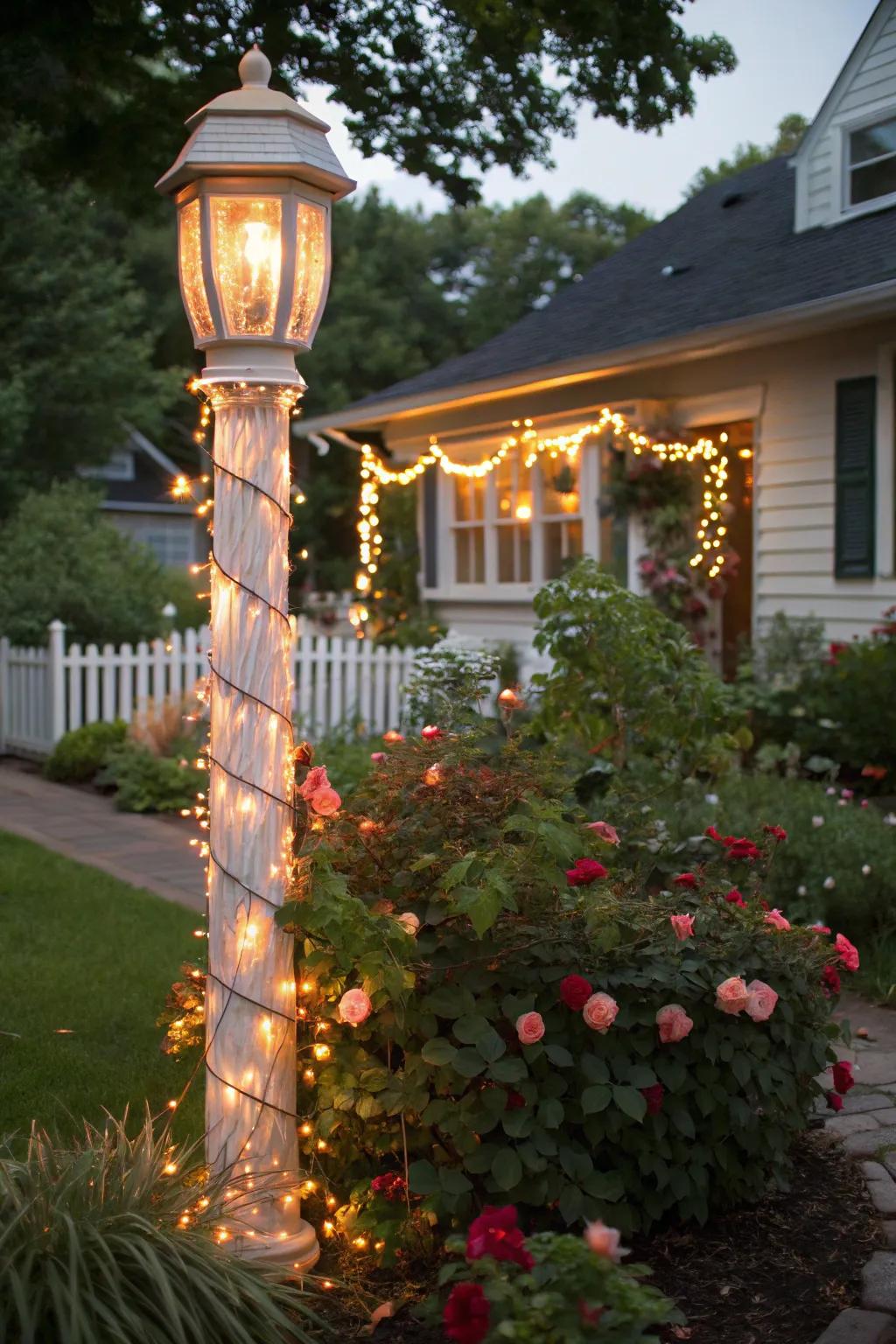 A lamp post elegantly wrapped in captivating Christmas lights.