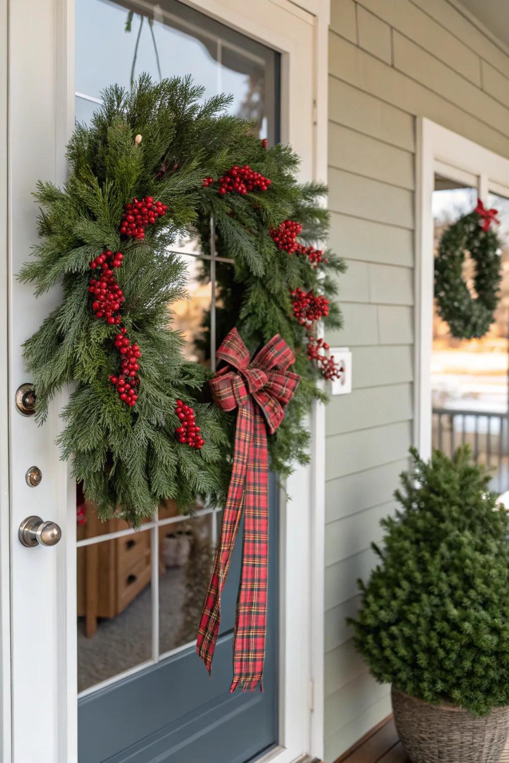 A classic Christmas swag featuring evergreen trimmings and a tartan band.