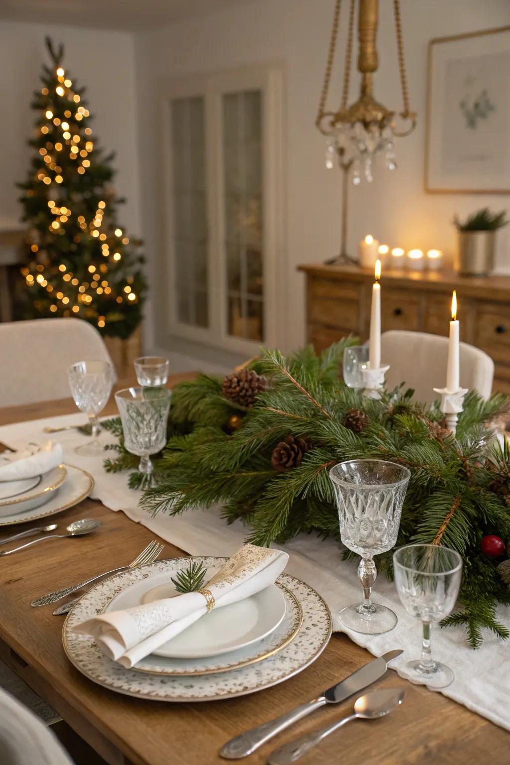 Evergreen sprigs are essential to a celebratory table display.