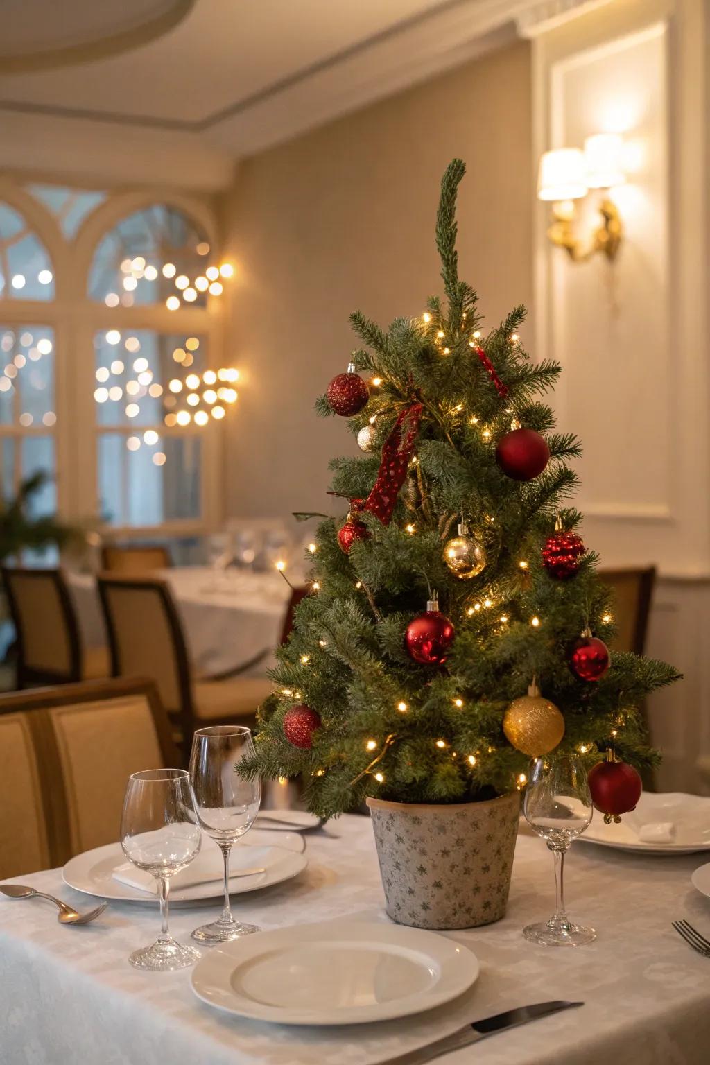 A miniature Christmas tree brings holiday cheer to the table.