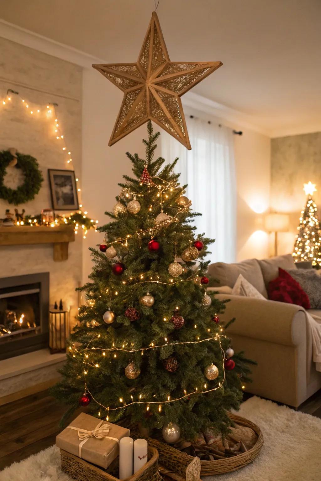 A timber star lends a touch of rustic elegance to a joyous Christmas tree.