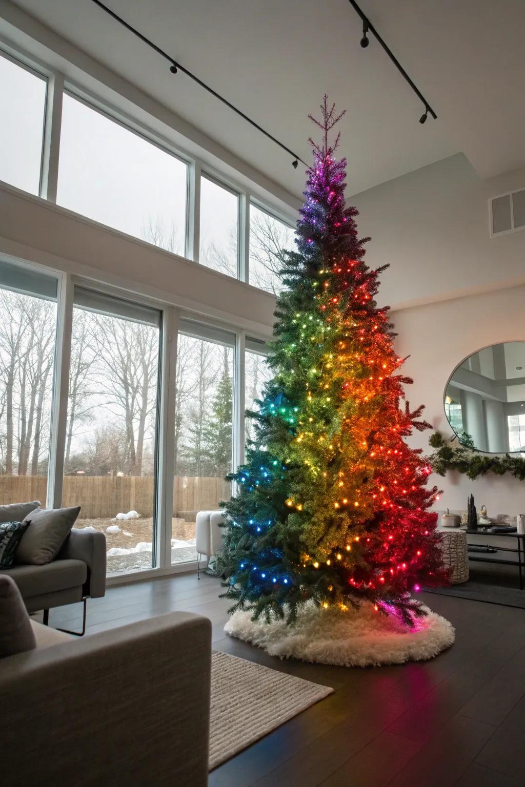 A magnificent Christmas tree displays a rainbow spectrum of colored lights, creating an energetic and captivating focal point.