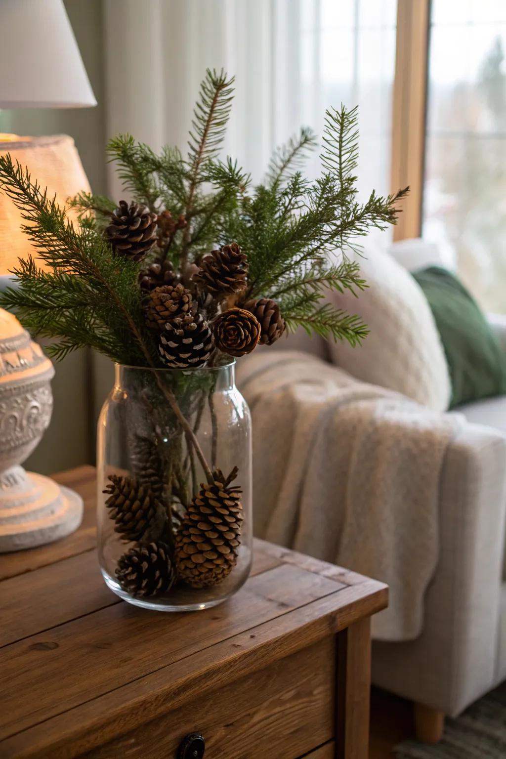 Natural refinement: cones and greenery forge a welcoming seasonal atmosphere.