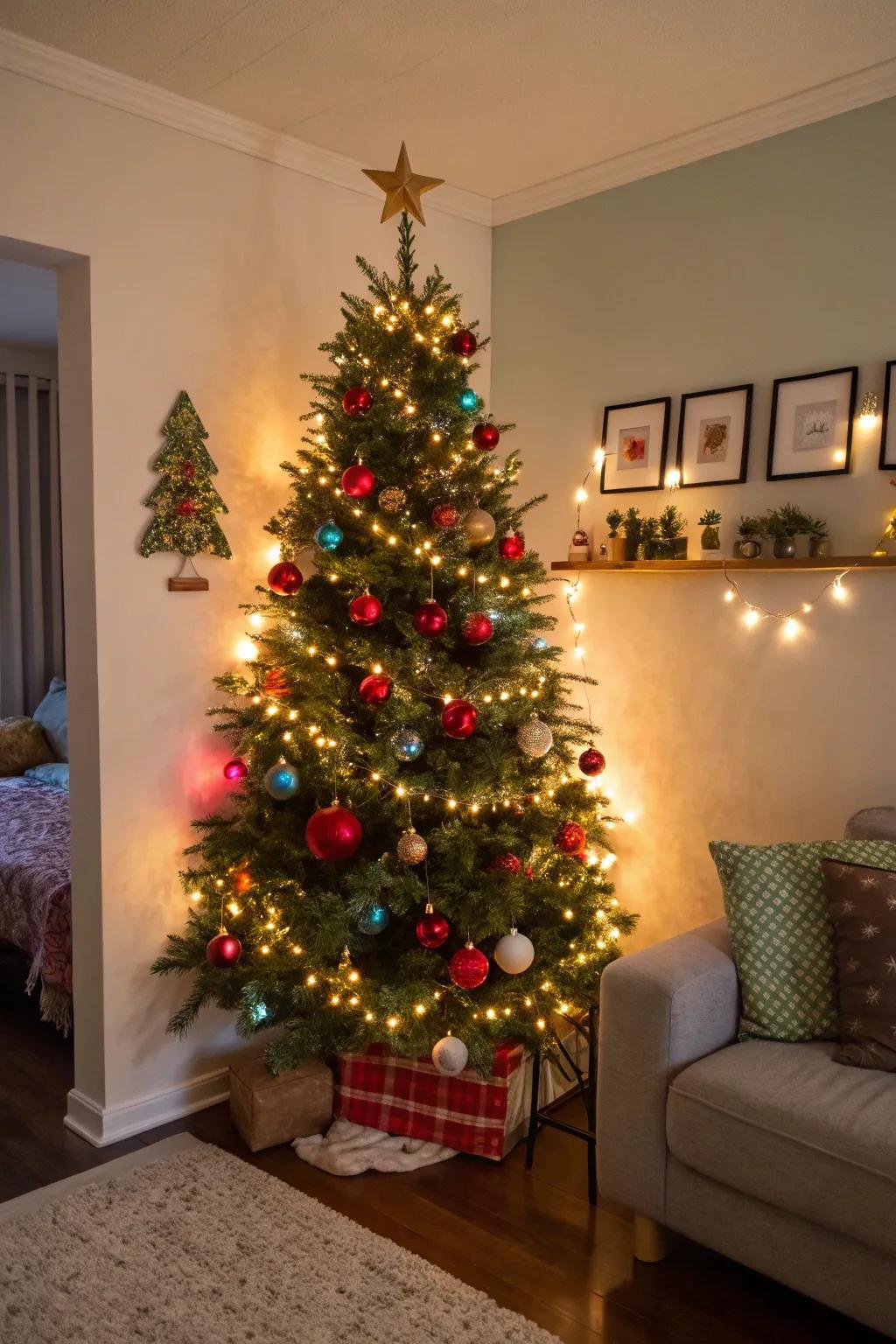 An inventive wall-displayed Christmas tree, enhanced with delicate lights and bespoke ornaments.