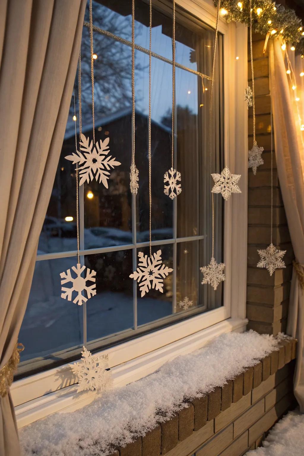 A window transformed into a snowy scene with hanging icy crystals.